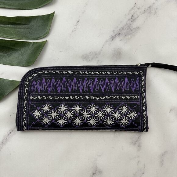Alta Katya Pekka Embroidered Wristlet Wallet Bag Black Purple Boho Clutch - Picture 2 of 4